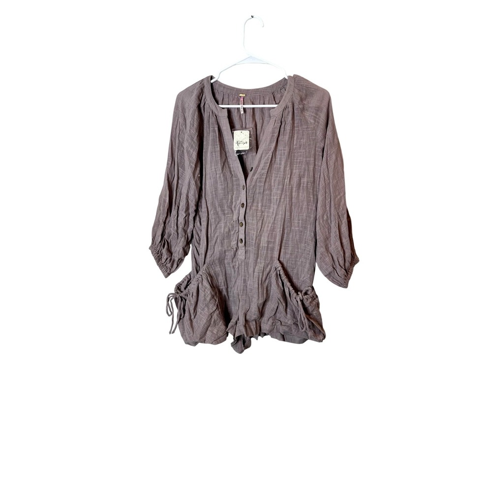 Free People Romper Womens XS Pink Gauze 3/4 Sleeve Button Front Drawstring